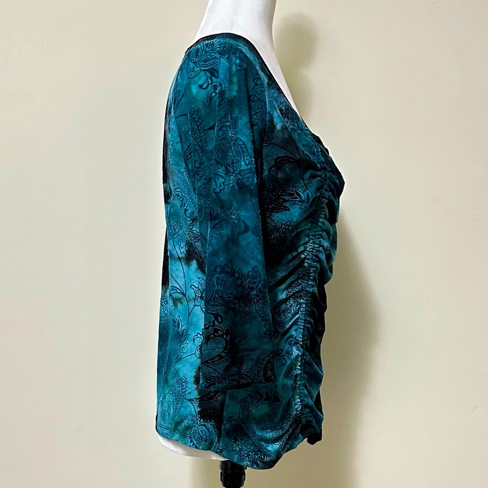 Sami & Jo Blue Green w Black Square Neckline Ruched Down Front Blouse Top LP - Picture 9 of 15